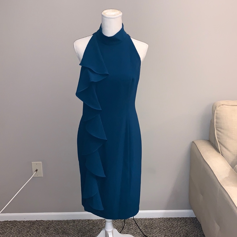 Eliza J Teal Halter Midi Dress with Cascade Ruffle